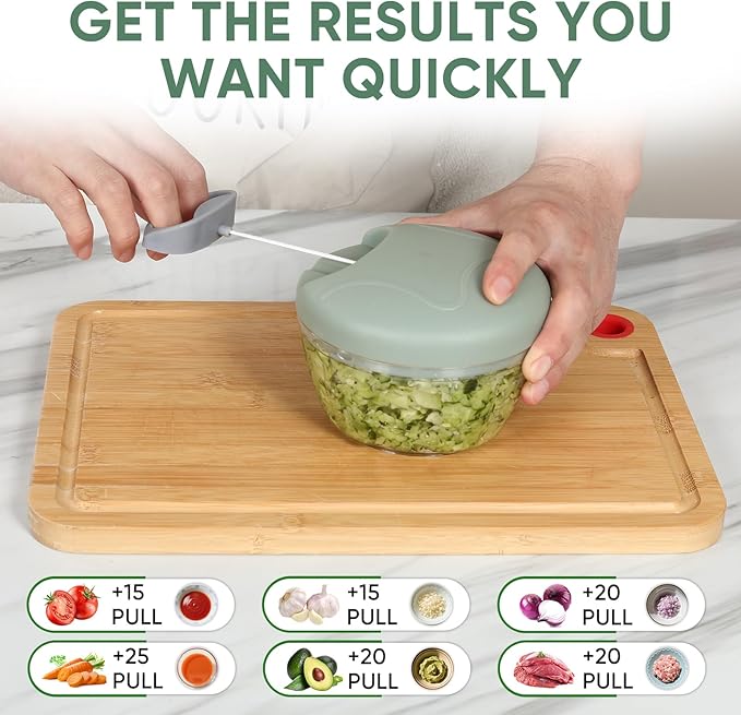 Garlic Chopper with Container, Manual Food Chopper Pull-String, Vegetable Onion Mincer, Hand Food Processor, Kitchen Cutter for Chili Ginger Herb Seasoning, Green 500ml
