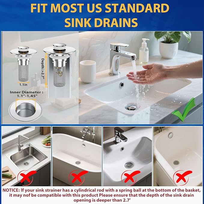 Bathroom Sink Drain Strainer, Pop-Up Bathroom Sink Stopper with Removable Stainless Steel Hair Catcher Basket, Universal Fit for US Bathroom Sinks, Showers & Floor Drains (3pcs)
