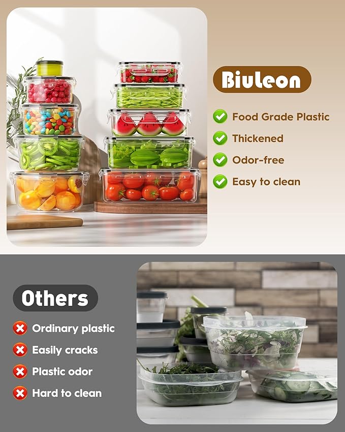 BiuLeon 40 PCS Food Storage Containers with Lids Airtight (20 Containers & 20 Lids), Leakproof Meal Prep for Kitchen Storage, BPA-free, Food-grade, Reusable, Microwave/Dishwasher Safe
