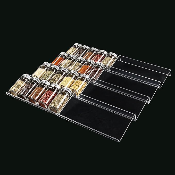 Expandable Acrylic Spice Drawer Organizer – 4-Tier Clear Seasoning Rack Insert for Kitchen Drawers, Adjustable from 9" to 18", Fits Most Spice Jars (Jars Not Included) 8-Pack