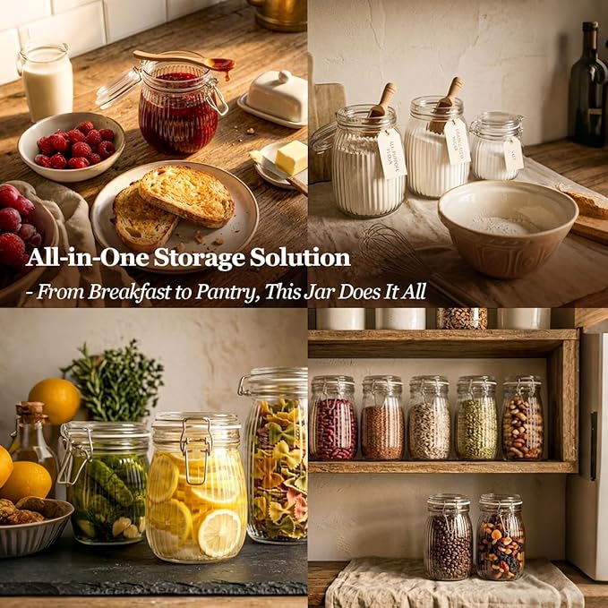 ComSaf 34oz Ribbed Glass Jars with Airtight Latch Lids - Set of 3 Farmhouse Vintage Canisters for Coffee, Sourdough Starter, Dry Goods & Fermenting, Pantry Organization & Kitchen Decor