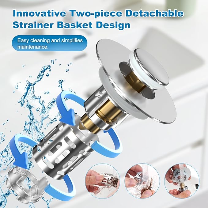 Hibbent 2 Pack Universal Bathroom Sink Drain Strainer, 3 in 1 Pop Up Stopper with Removable Stainless Steel Filter Basket, Brass Bullet Core, Hair Catcher Sink Plug for 1.1''~2.36'' Hole, Chrome