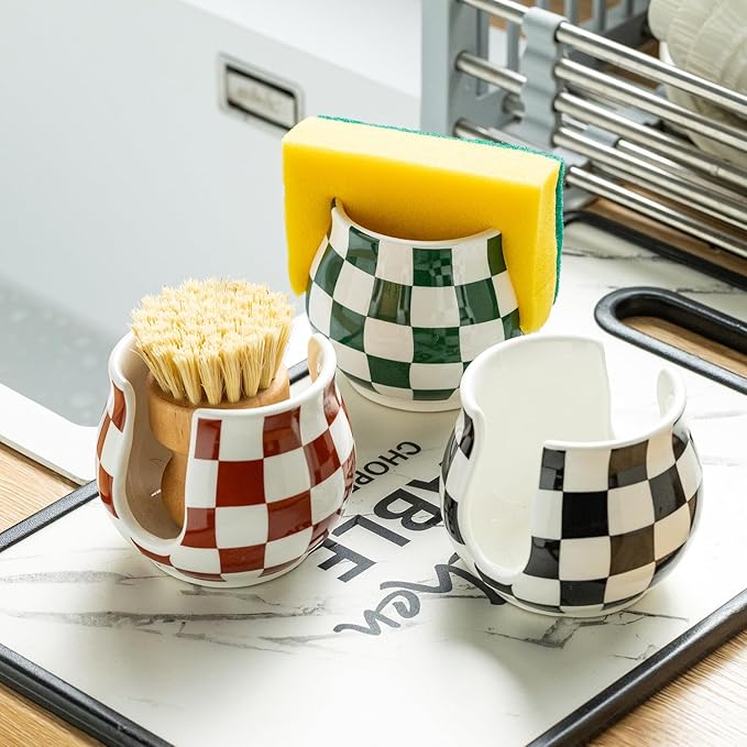 Zoeeker Kitchen Sponge Holder, Ceramic Sponge Organizer Checkered Scrubby Holder Sink Caddy Scrub Dish Rack for Kitchen, Bathroom, Sink, Christmas Decor, Green and White