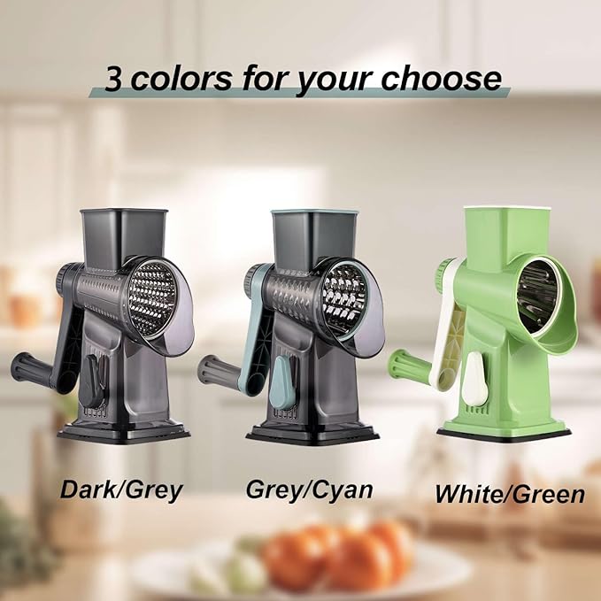 3-in-1 Manual Rotary Cheese Grater & Vegetable Slicer, Round Mandoline Food Chopper with 3 Interchangeable Blades, Strong Suction Base Hand Crank Grater for Cheese, Potato, Nuts & Veggies