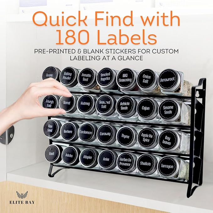 ELITE BAY-Spice Jar Rack with KEEP – 4-Tier Organizer with 28 Empty Bottles, 180 Waterproof Labels (55 Blanks), Funnel &Screws | Space-Saving Spice Storage Set for Kitchen Counter or Cabinet