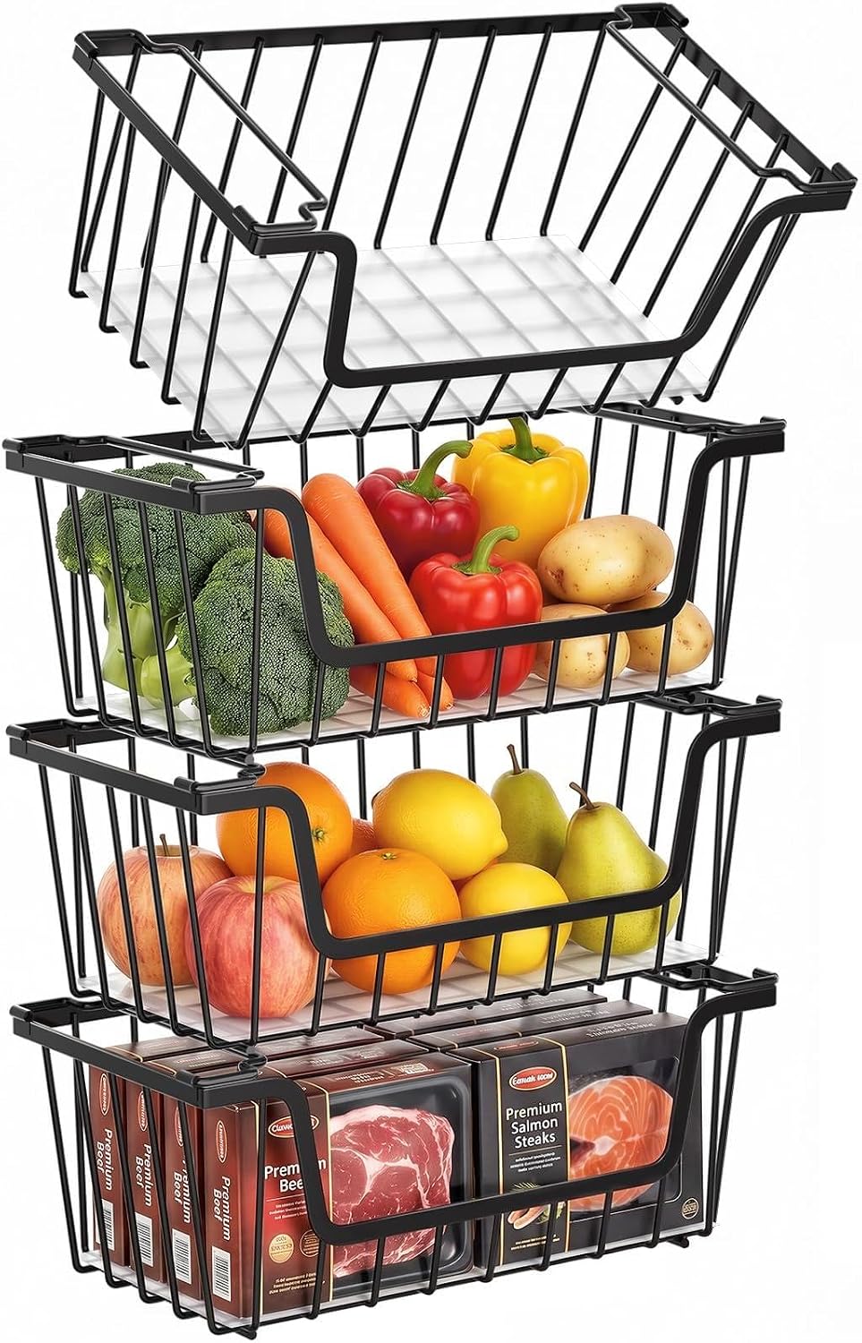 Stackable Storage Bins 4 Pcs Wire Baskets Freezer Organizer, Black