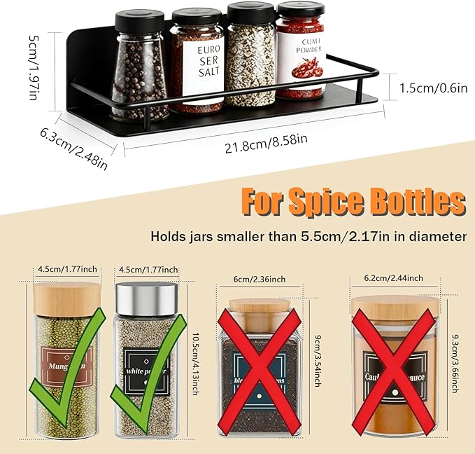 RECAPS Spice Rack Wall Mount 4 Pack, Space-Saving Spice Organizer, Adhesive Hanging Spice Rack, Seasoning Organizer for Wall Kitchen, Cabinet or Pantry Door, Black Metal