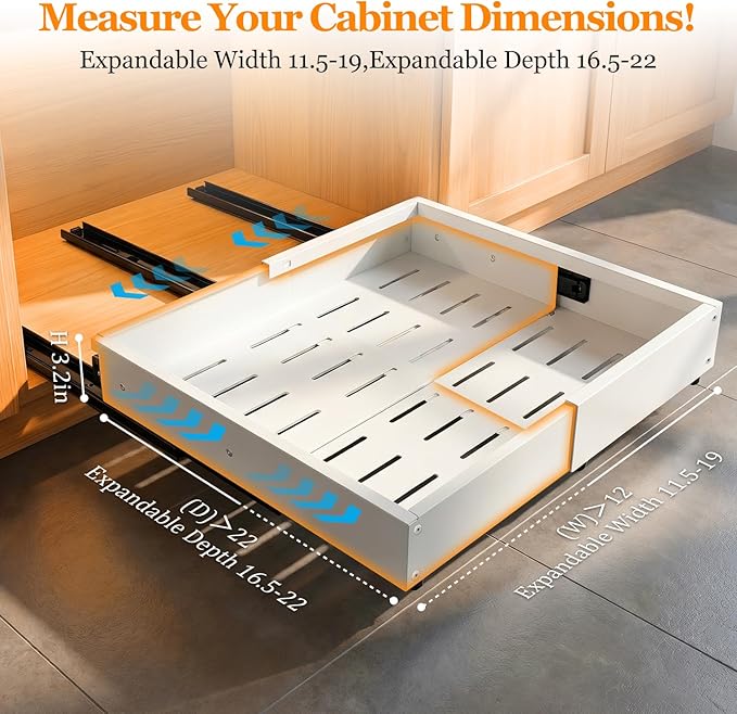 Pull Out Cabinet Organizer for Kitchen,Full Expandable Width 12"-19" Depth 16"-22" Cabinet Drawers Slide Out No Drill Adhesive,Cabinet Pull Out Shelves for Kitchen Pots Pans Spices 2Pack