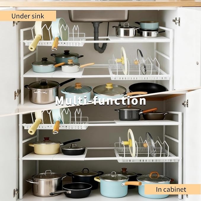 Pots and Pans Organizer Under Cabinet, Expandable Pots Organizers Inside Cabinet, Adjustable Height Under Sink Shelf 2 Tier with 10 Dividers Under Cabinet Shelf, Pot and Pan Lid Holder Rack (White)