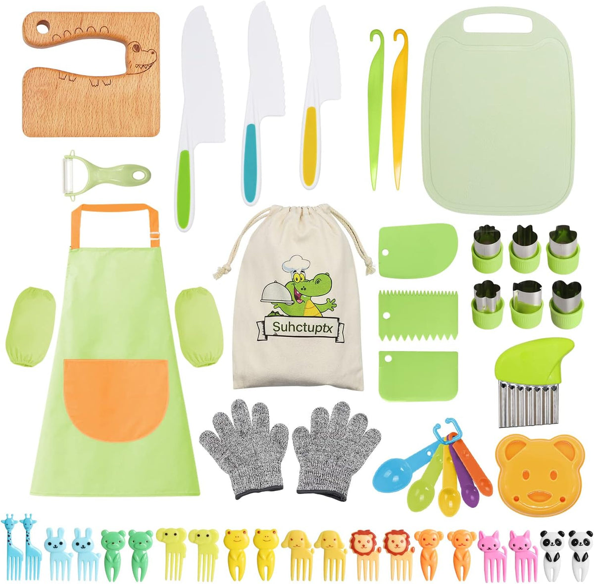 50PCS Kids Kitchen Cooking Set - Crocodile Wooden Kid Safe Knife Cutting Board Apron Gloves Fruit Vegetable Crinkle Cutters Peeler Serrated Edges Plastic Toddlers Knives, Kids Knifes for Real Cooking