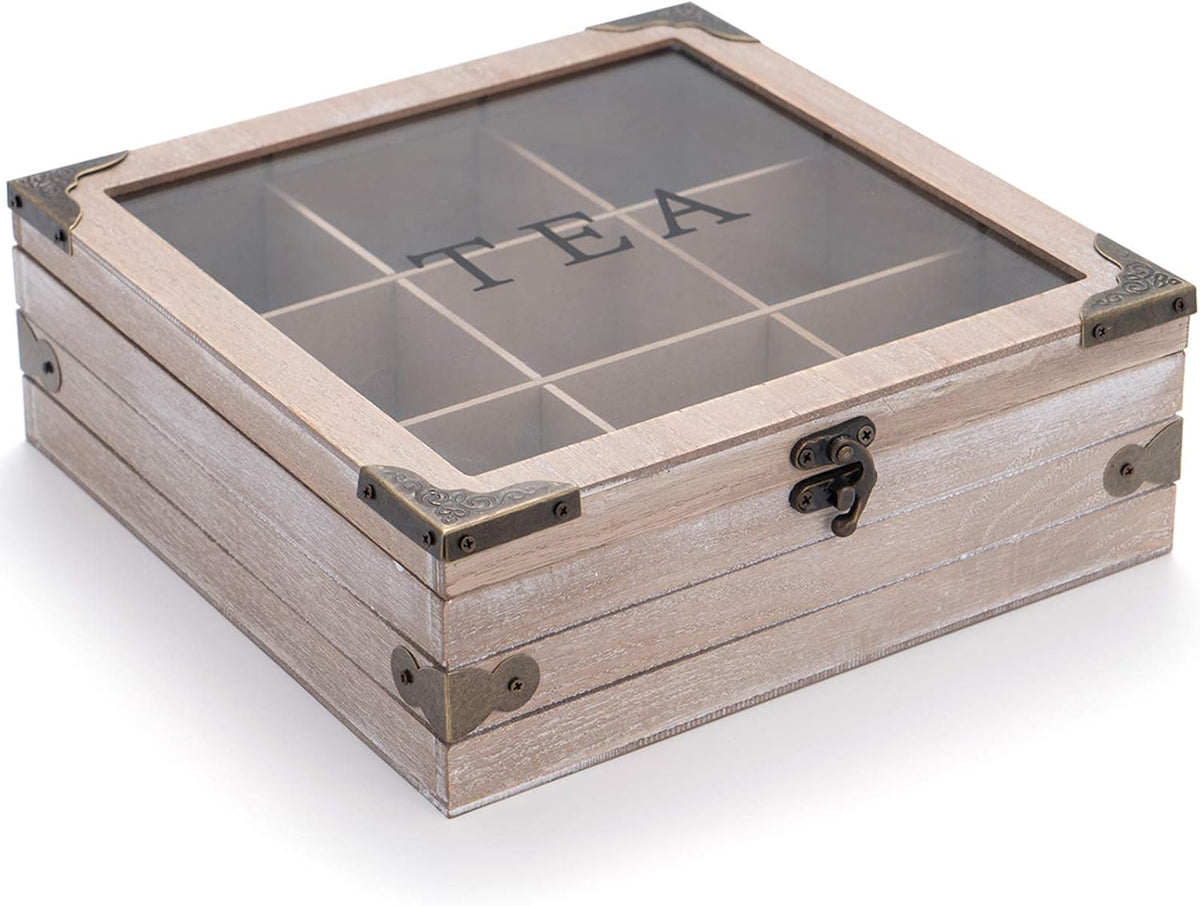 Tea Box Organizer, Rustic Tea Bag Storage with Clear Lid