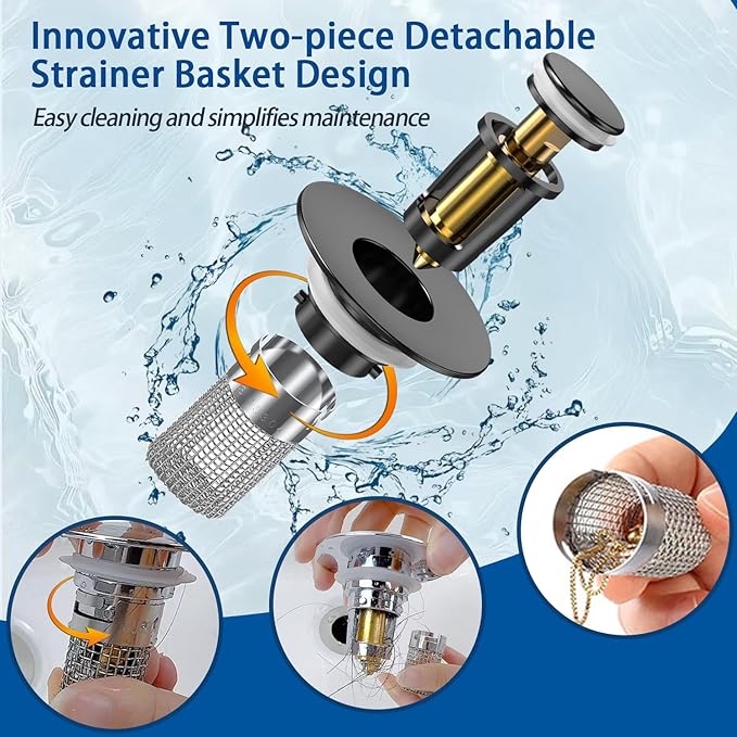 Bathroom Sink Drain Strainer,(2PCS) Pop-up Sink Drain Strainer with Removable Stainless Steel Strainer Basket Hair Catcher, Bathroom Sink Strainer for Bathroom Sink Stopper Replacement