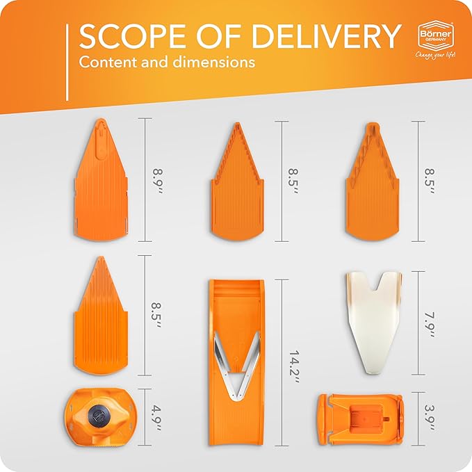 Börner Mandoline Slicer V1 (Professional Set) • V-Slicer with 4 Inserts, Fruit Holder, Docking Station, Box • Adjustable Vegetable Slicer • Cuts into Slices, Strips & Dices • Color: Orange