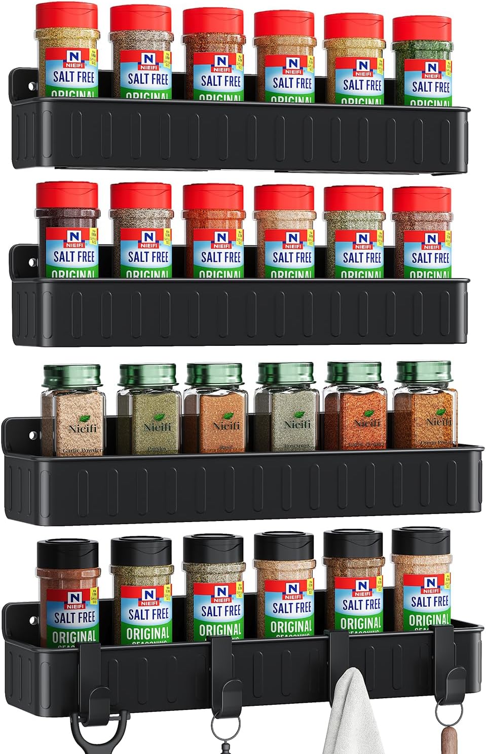 Spice Rack Wall Mount, 4 Pack Black, 2" Depth, Screw/Adhesive