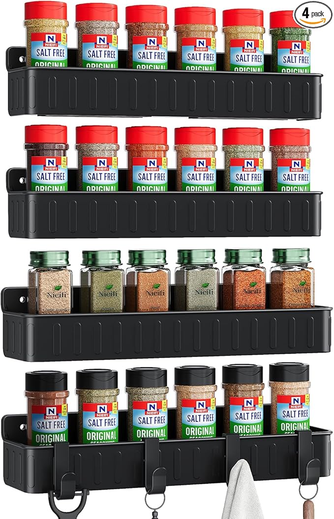 Nieifi Spice Rack Wall Mount, 4 Pack, Black, Screw or Adhesive Installation, Spice Rack Organizer for Small Spice Jars, Suitable for Kitchen Cabinet or Pantry Door