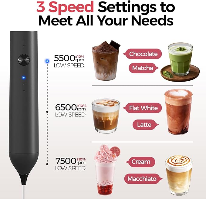 YARRAMATE Electric Milk Frother Wand, Fast Rechargeable Coffee Mixer with 2 Heads 3 Speeds, Handheld Drink Stirrer, Whisk Foam Maker for Lattes, Cappuccino, Matcha, Hot Chocolate (Black)