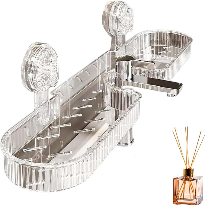 Universal Removable Faucet Storage Rack,Removable Faucet Storage Rack Installs,Bathroom Sink Shelf Over, No Drilling Required, Residual Water Automatically Drains Away (White)