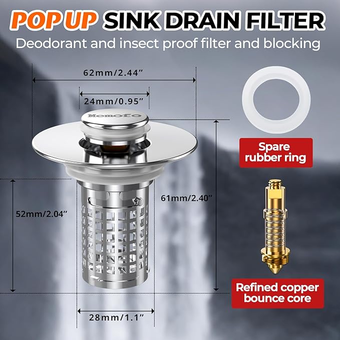 Bathroom Sink Drain Strainer, Stainless Steel Pop-up Strainer Basket Hair Catcher with Removable Basket, Brass Bullet Core, Universal Fit 1.1-2.36 Inch (4PCS)
