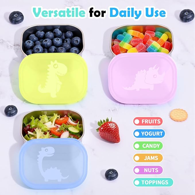 Tanjiae 3×8oz Small Stainless Steel Snack Containers - 230mL Leakproof Food Containers with Cute Dino Lids | LFGB Certified, Stackable Metal Snack Box for Home, Office, Travel