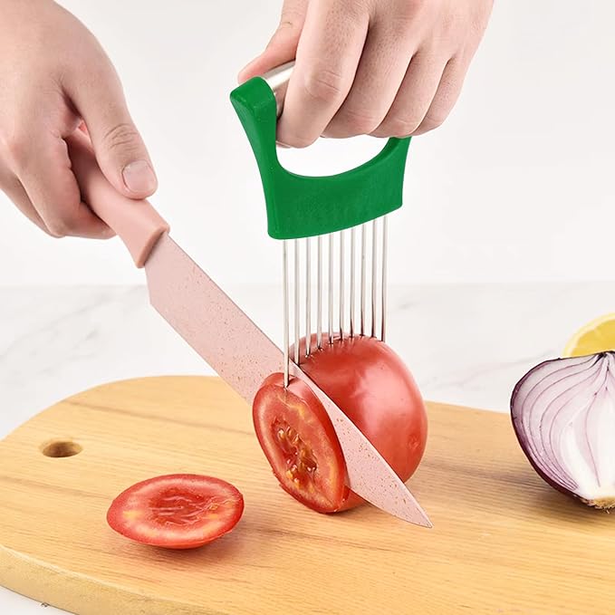 Green Stainless Steel Onion Holder for Slicing,Onion Slicer Holder, Onion Cutter for Slicing of Onions, Tomatoes,Avocados,Eggs and Other Vegetables,St. Patrick's Day Gift Kitchen Utensils (Green)