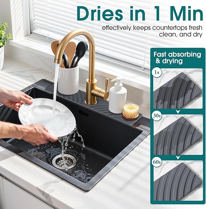 Quick Dry Stone Faucet Mat for Kitchen Sink - 23.6"x3.9" Natural Diatomite Stone Drying Mat for Kitchen Counter, Auto Drainage Sink Protector, Water Splash Guard for Bathroom (Dark Grey)