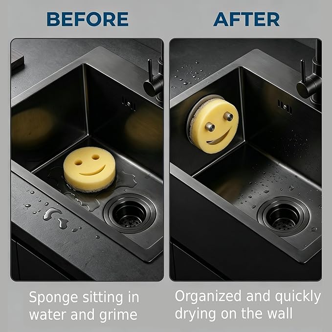 Smiley Face Sponge Holder for Kitchen Sink, 304 Stainless Steel Sink Caddy Organizer with Strong Suction Cup, Rustproof Round Sponge Rack for RV and Apartment, Silver