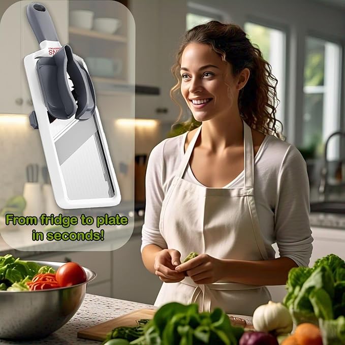 Mandoline Slicer for Kitchen – Adjustable Stainless Steel Blades, with Comfort Grip – Vegetable Slicer for Small to Medium sized Cucumber, Onion, Potato – Gray
