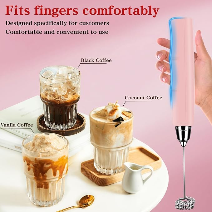 BSRGMS Milk Frother Handheld for Coffee, Electric Whisk 3 Speed Adjustable, Drink Mixer with Stainless 3 Whisks, Rechargeable Hand Frother Wand, Foam Maker for Latte Cappuccino Hot Chocolate Egg Pink