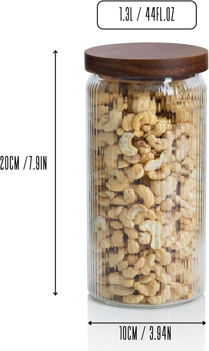 Ribbed Glass Jar with Wooden Lid 16.9oz / 27oz | Airtight Fluted Storage Container for Food, Pasta, Coffee, Candy, Dog Treats, Snacks | Canisters for Home & Kitchen (44 fl.oz / 1300ml -3X)