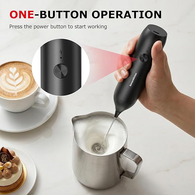 Bonsenkitchen Rechargeable Milk Frother Handheld, Electric Drink Mixer with Stainless Steel Whisk, Charging USB-C, Portable Foam Maker for Coffee Matcha Lattes Cappuccino, Kitchen Gifts
