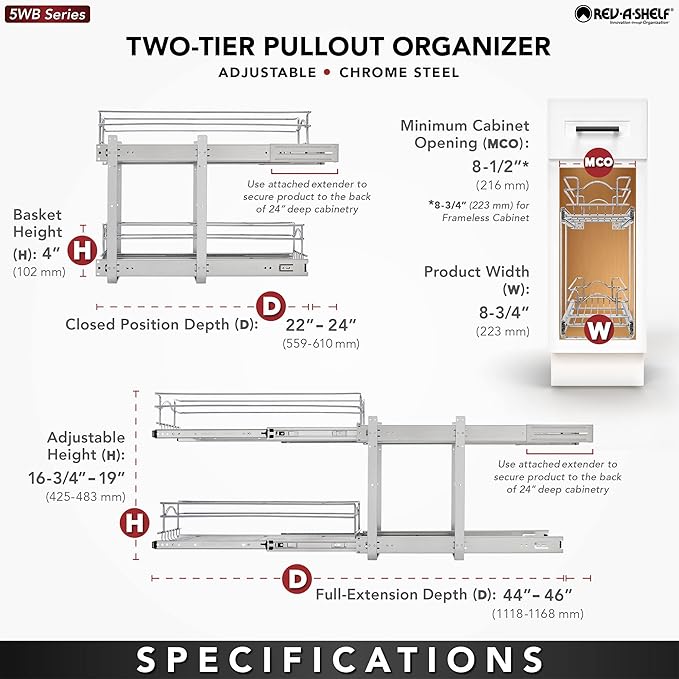 Rev-A-Shelf 2-Tier Pullout Shelf and Drawer Organizer for Kitchen Cabinets, Slide Out Storage Basket, Min Opening Width of 8.5", 9" x 22", 5WB2-0922CR-1