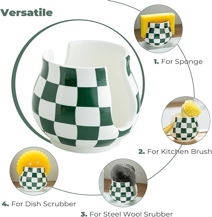 Zoeeker Kitchen Sponge Holder, Ceramic Sponge Organizer Checkered Scrubby Holder Sink Caddy Scrub Dish Rack for Kitchen, Bathroom, Sink, Christmas Decor, Green and White