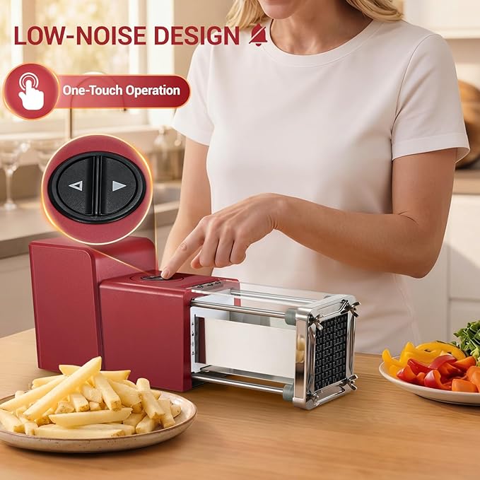 Sopito French Fry Cutter Electric Vegetable Slicer Stainless Steel with 3 Blades 1/4 3/8 1/2 Inch for Potatoes, Carrots, Cucumbers & Onions, Red