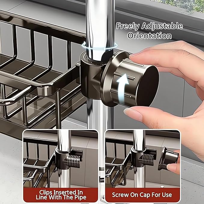 Kitchen Sink Faucet Organizer, Kitchen Sink Organizer Over Faucet, Over Sink Dish Drying Rack, Sponge Holder for Kitchen Sink, for 0.7-1.1 inch Round Water Pipe (Grey, Left Mount)