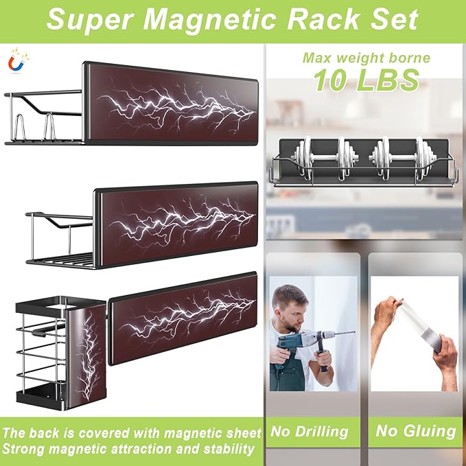 Magnetic Spice Rack for Refrigerator, 6 Pack Strong Magnet Spice Organizer with Paper Towel Holder, Utensil Holder, Moveable Magnetic Fridge Shelf for Kitchen Organization and Storage (Black)