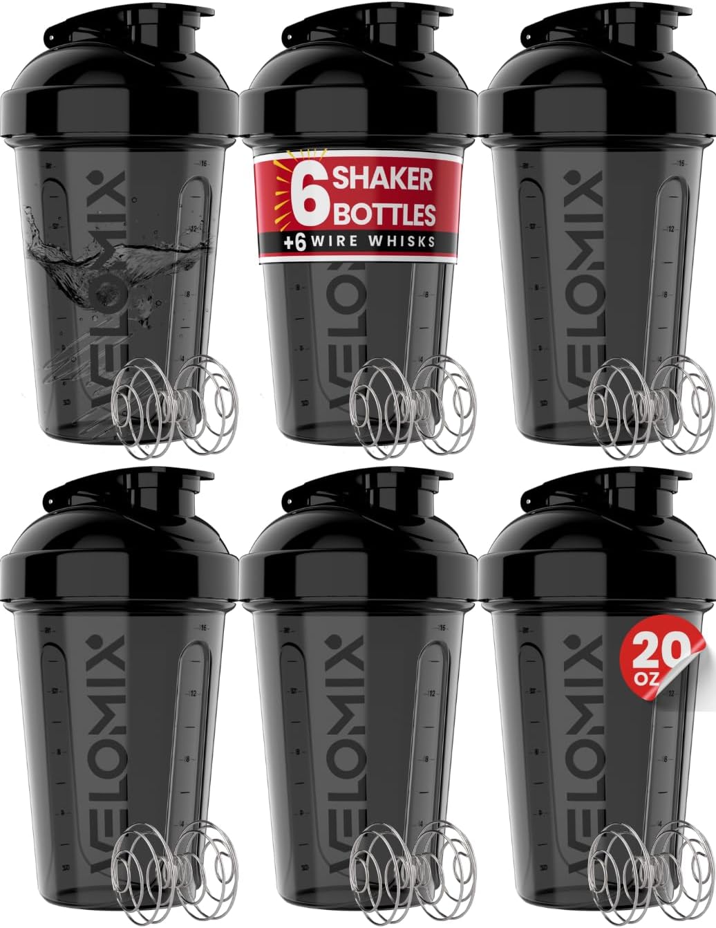 6 Pack 20oz Protein Shaker Bottle for Protein Mixes, All in Black