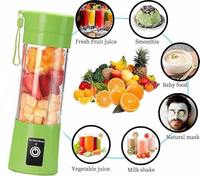 Portable Blender Cup, Electric USB Mini Juicer Blender for Shakes and Smoothies, 380ml, 6 Stainless Steel Blades, Rechargeable, Lightweight, Black, Ideal for Travel & Gym (Green)