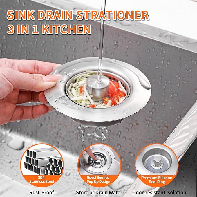 3-in-1 Kitchen Sink Drain Strainer & Sink Stopper 2 Pack - 304 Stainless Steel Sink Drain Strainer, Pop-Up Anti-Clog Design, Fits Standard 3-1/2'' Sink Drains