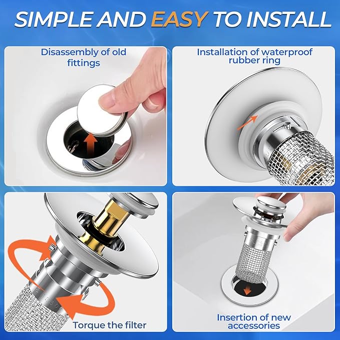 Bathroom Sink Drain Strainer,(2PCS) Pop-up Sink Drain Strainer with Removable Stainless Steel Strainer Basket Hair Catcher, Bathroom Sink Strainer for Bathroom Sink Stopper Replacement
