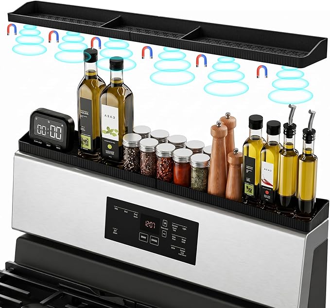 Magnetic Stove Top Shelf, Over the Stove Shelf Spice Rack & Spice Organizer – 30" Heat Resistant Silicone Stove Shelf, No Drill Kitchen Storage Organizer for Gas/Electric Stoves & Small Kitchens