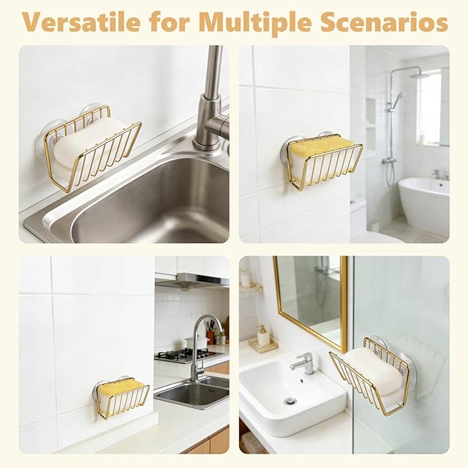 Kitchen Sink Suction Holder for Sponges,Soap,sink strainer, sink stopper.Food Graded Stainless Steel,No Drilling,Wall Mounted Soap Holder Soap Tray Bar Holder for Bathroom & Kitchen,Gold.