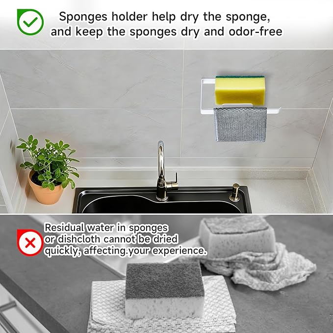 Sponge Holder for Kitchen Sink, Adhesive Dishcloth Holder, Dish Sponge Kitchen Sink Caddy 2 in 1, Metal Dishcloth Racks Sink for Dishcloths, Sponges, Brushes and Glove (White)