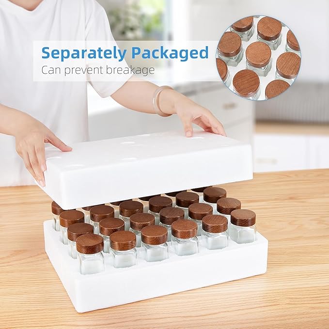 Yangbaga Glass Spice Jars with Labels: 34pc 4oz Square Seasoning Storage Containers with Airtight Wood lid,Pepper Grinder,Funnel; Empty Spice Organizer Bottles for Kitchen Rack Drawer Cabinet