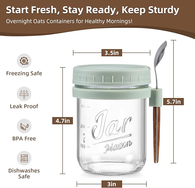 6 Pack Overnight Oats Containers with Lids and Spoons, 16 oz Glass Mason Overnight Oats Jars, Large Capacity Airtight Jars for Milk, Cereal, Fruit(Green)