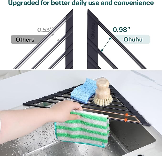 Ohuhu Corner Sink Caddy, Sponge Holder for Kitchen Sink Organizer - Silicone Wrapped Steel Anti Slip Rust Triangle Over the Sink Roll-UP Dish Drying Rack for Sink Corner Kitchen Sink Accessories
