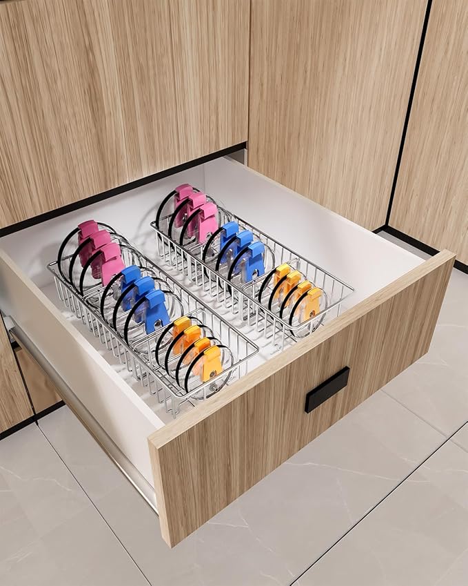 YQh 2Pack tumbler lid organizer,lid holders inside cabinet,mason jar lid organizer,Inner Tumbler Lid Storage Rack in Drawer,3 Compartments, 304 Stainless Steel, Durable Non-Rusting