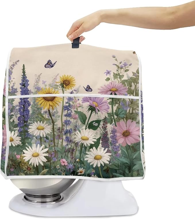 Sunflower Daisy Butterfly Blender Dust Cover for 4.5-5 Qt Kitchen Stand Mixer with Carrying Handle & Accessory Pocket Machine Washable Appliance Protector for Countertop Storage