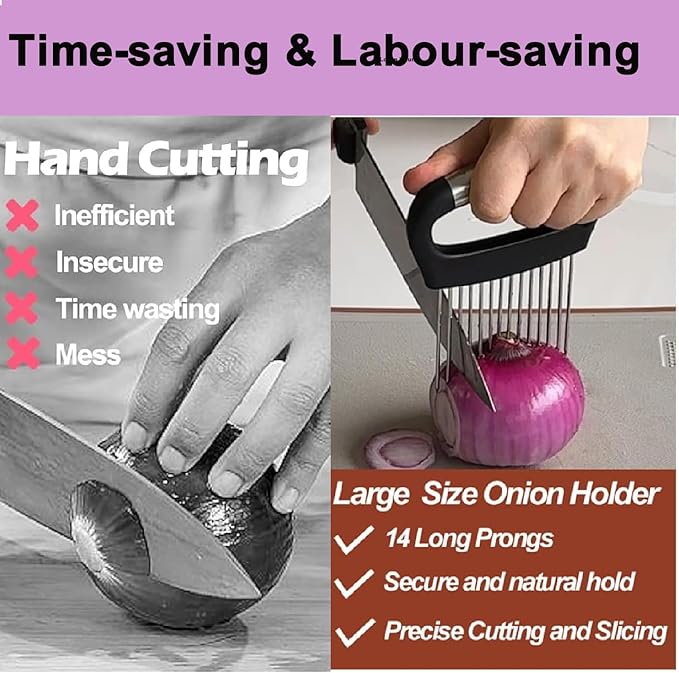 Onion Holder for Slicing, Large Onion Cutter Vegetable Chopper,Stainless Steel Lemon Slicer with 14 Needles,Kitchen Chopper Slicing Assistant Tool for Tomato Potato Avocados Eggs Meat Chopper