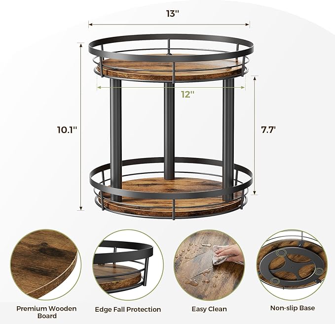 LAMU 12'' Wood Lazy Susan Spice Rack Organizer, 2 Tier Spice Organization for Cabinet, Countertop, Kitchen, Table Top, Pantry, Condiment and Seasoning Rack Organizer
