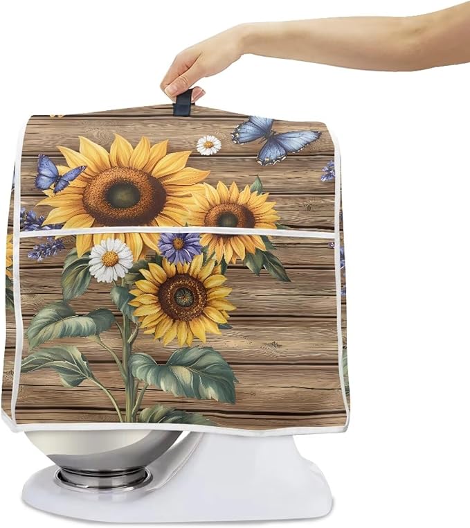 Sunflower Butterfly Kitchen Stand Mixer Covers 6-8 Qt for Lift Bowl Portable Kitchen Appliance Dust Covers with Top Handle & Storage Pocket Anti Fingerprint Machine Washable Reusable